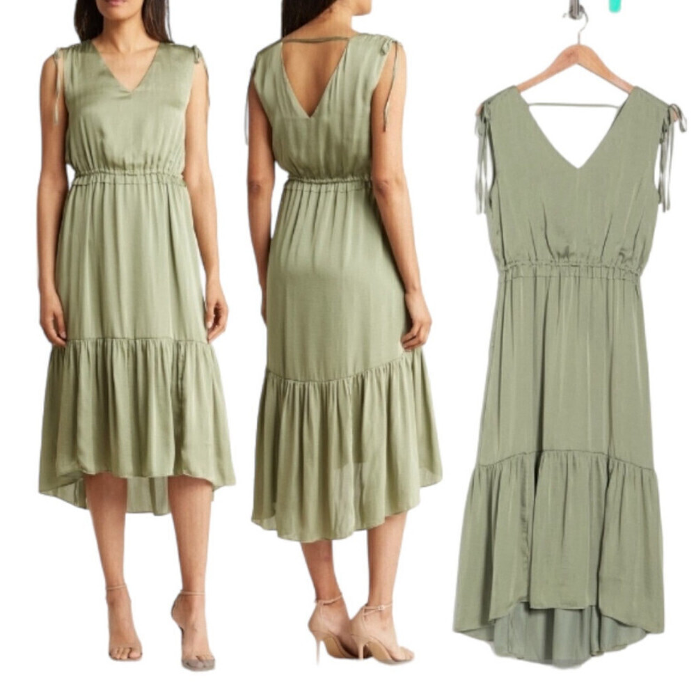 T Tahari Green Airflow Tiered High-Low Dress - Size Large